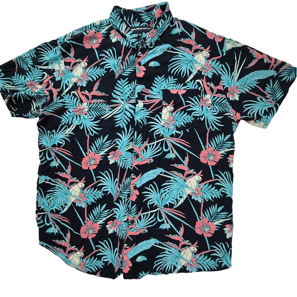 Molokai Surf Co Mens XXL Tropical Parrot Hibiscus ButtonDown Shirt Black Ssleeve